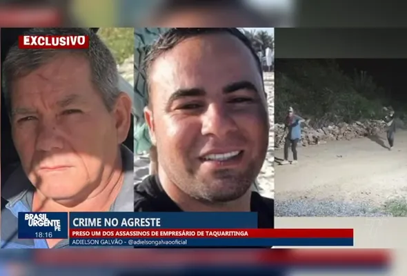 À esquerda, homem que confessou à polícia o assassinato do comerciante. No centro da imagem, a vítima: José Marcílio Bezerra, e à direita momento em que os bandidos saem da tocaia para invadir a residência