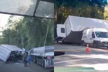 Imagem ilustrativa da imagem BR 101 fica interditada após acidente entre van, carreta e caminhão no Sul do ES