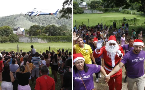 
          Imagem ilustrativa da imagem Papai Noel radical chega de helicóptero em Cariacica
          