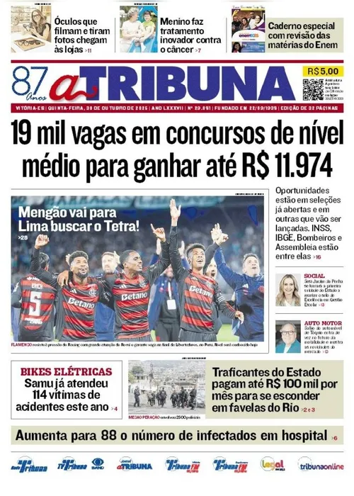 Imagem ilustrativa da imagem Confira os destaques do jornal A Tribuna desta quinta-feira