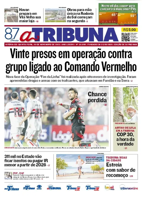 Imagem ilustrativa da imagem Confira os destaques do jornal A Tribuna desta quinta-feira