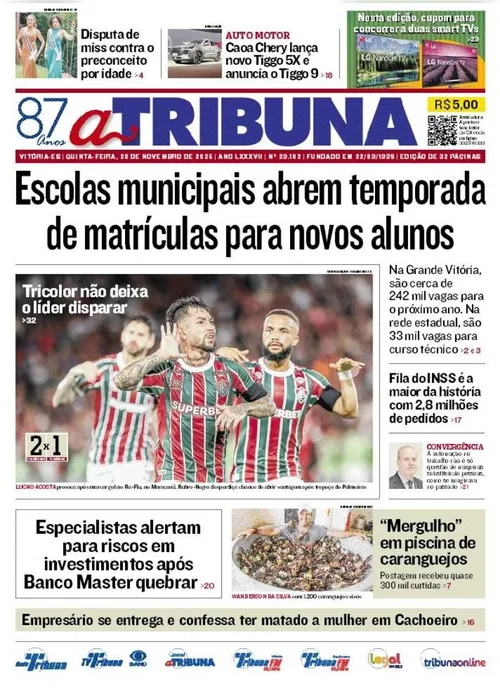 Imagem ilustrativa da imagem Confira os destaques do jornal A Tribuna desta quinta-feira
