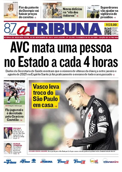 Imagem ilustrativa da imagem Confira os destaques do jornal A Tribuna desta segunda-feira