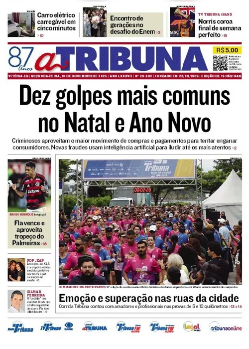 Imagem ilustrativa da imagem Confira os destaques do jornal A Tribuna desta segunda-feira