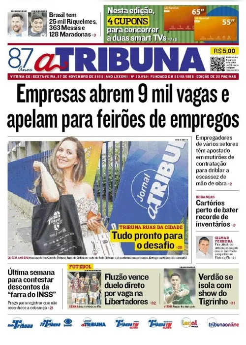 Imagem ilustrativa da imagem Confira os destaques do jornal A Tribuna desta sexta-feira