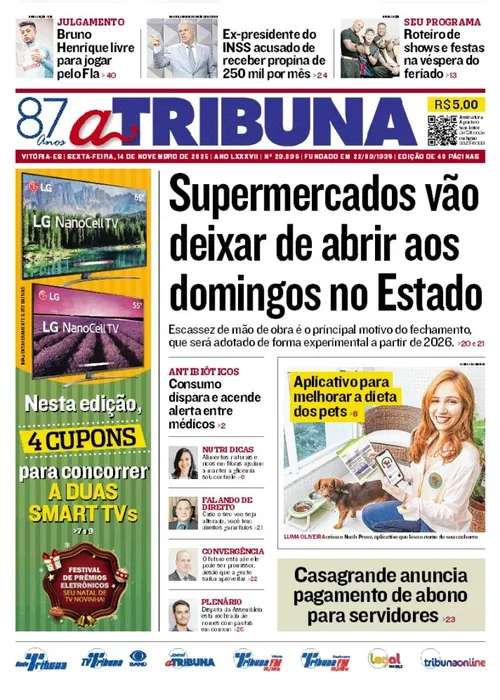 Imagem ilustrativa da imagem Confira os destaques do jornal A Tribuna desta sexta-feira