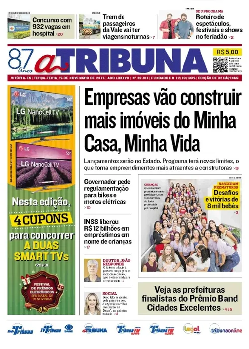 Imagem ilustrativa da imagem Confira os destaques do jornal A Tribuna desta terça-feira