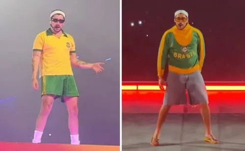 
          Imagem ilustrativa da imagem Bad Bunny veste casaco de Pelé, usado na Copa de 1966, durante show no Brasil
          