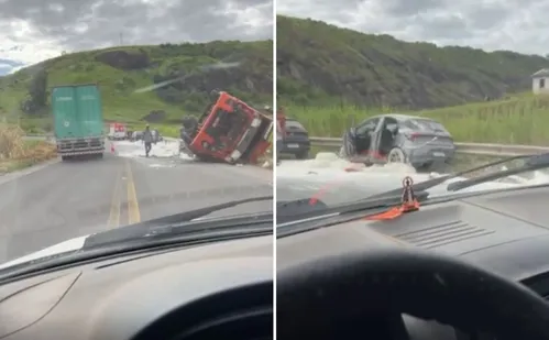 
          Imagem ilustrativa da imagem Quatro pessoas ficam feridas após carreta tombar na BR 259, em João Neiva
          