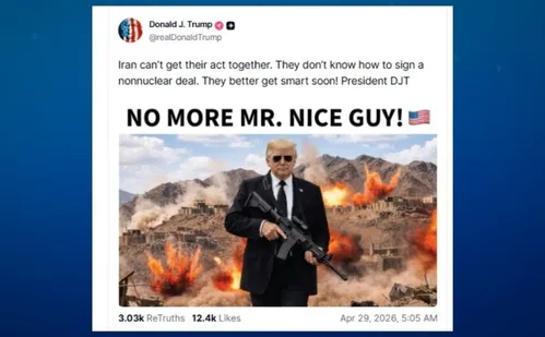 
          Imagem ilustrativa da imagem Trump diz que cansou de ser 'bonzinho' com Irã e exibe imagem de IA com fuzil
          