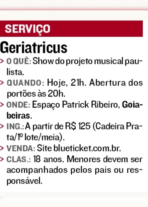 
          Imagem ilustrativa da imagem Geriatricus neste sábado no Espaço Patrick Ribeiro
          