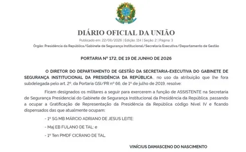 
          Imagem ilustrativa da imagem GSI nomeia major 'Fulano de Tal' e tenente 'Cicrano de Tal' para segurança de Lula
          