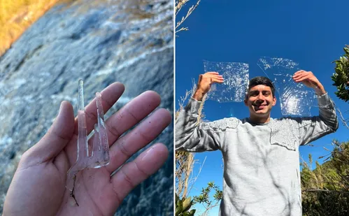 
          Imagem ilustrativa da imagem Pai e filho registram cachoeira congelada no Caparaó no ES
          