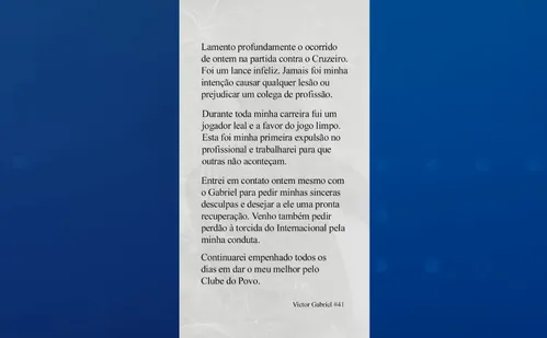 
          Imagem ilustrativa da imagem Zagueiro do Inter se manifesta após causar fratura em Gabriel Pec, do Cruzeiro
          