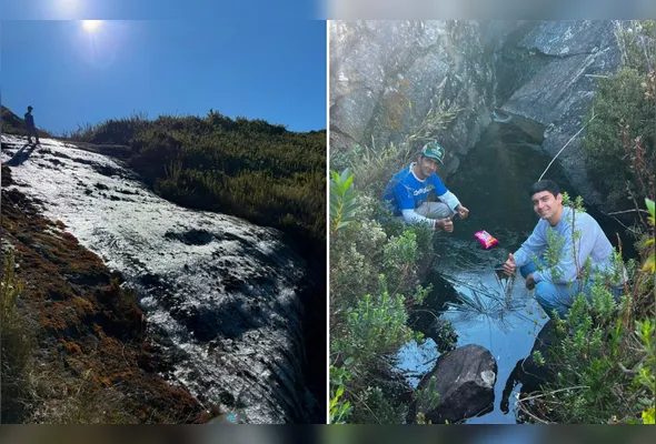Imagem ilustrativa da imagem Pai e filho registram cachoeira congelada no Caparaó no ES