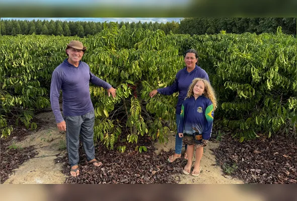 Família Bergamini na lavoura de café da própria propriedade. 
Crédito: Divulgação