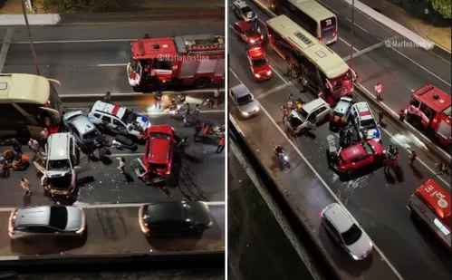 
          Imagem ilustrativa da imagem Acidente entre ônibus, carros e viatura da PM deixa feridos na BR-101 em Viana
          