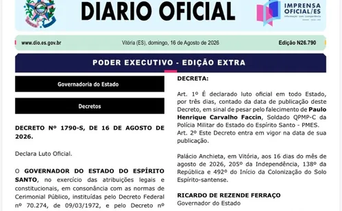 
          Imagem ilustrativa da imagem Governador decreta luto oficial pela morte de soldado da PM no Sul do ES
          