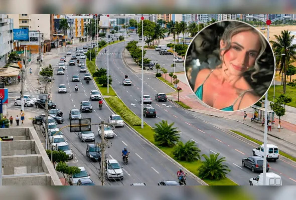 A avenida Dante Michelini, orla da Praia de Camburi, em Vitória. No destaque, a vítima Wanessa Martha Gonsalves