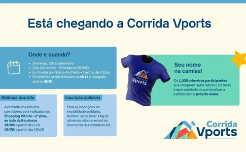 
          Imagem ilustrativa da imagem Corrida Vports reúne 2 mil participantes e começa a entregar kits nesta sexta-feira
          