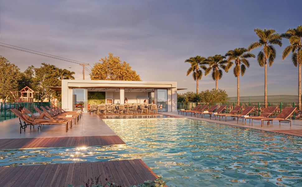 Estrutura de lazer completa inclui piscina com deck e bar/lounge para eventos
