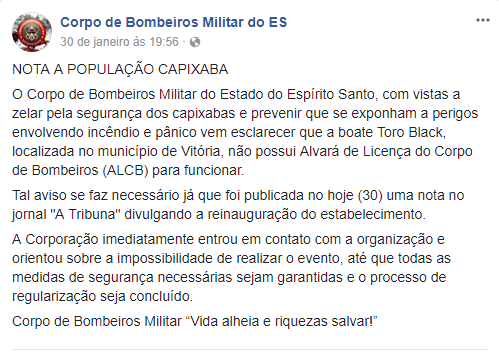 A nota divulgada pelo Corpo de Bombeiros em uma rede social. Foto: Reprodução/Facebook