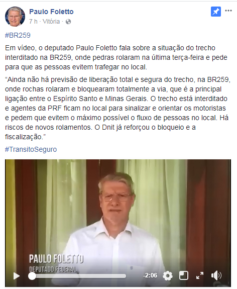 O deputado Paulo Foletto publicou um vídeo em sua página informando que outras rochas correm o risco de cair