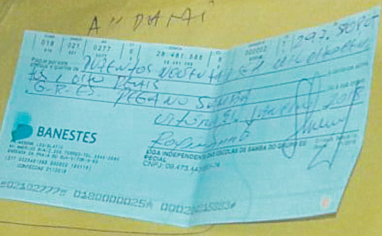 A Pega no Samba divulgou cheque recebido para bancar o Carnaval. Foto: Divulgação/Pega no Samba