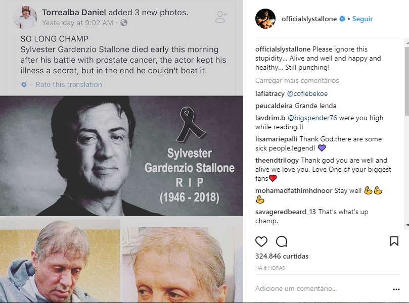 "Por favor, ignorem essa estupidez", disse o ator em sua rede social. Foto/ Reprodução Instagram @officialslystallone