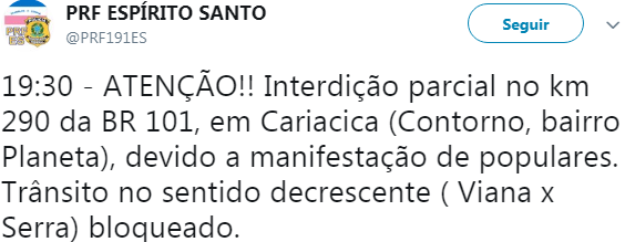 Nota da PRF informando sobre o bloqueio da BR. Foto/ Divulgação Twitter PRF