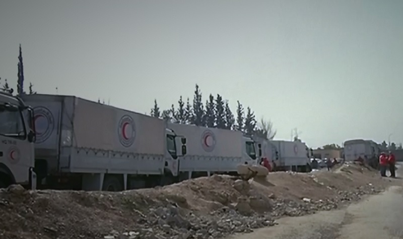 Caminhões chegam à região de Ghouta, na Síria. Foto: Reprodução