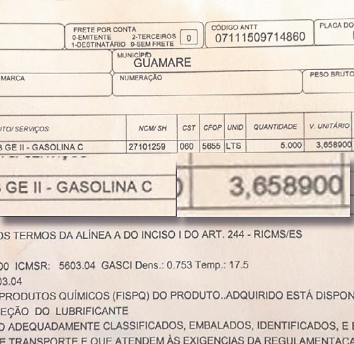 Nota com valor de custo da gasolina. Foto: A Tribuna
