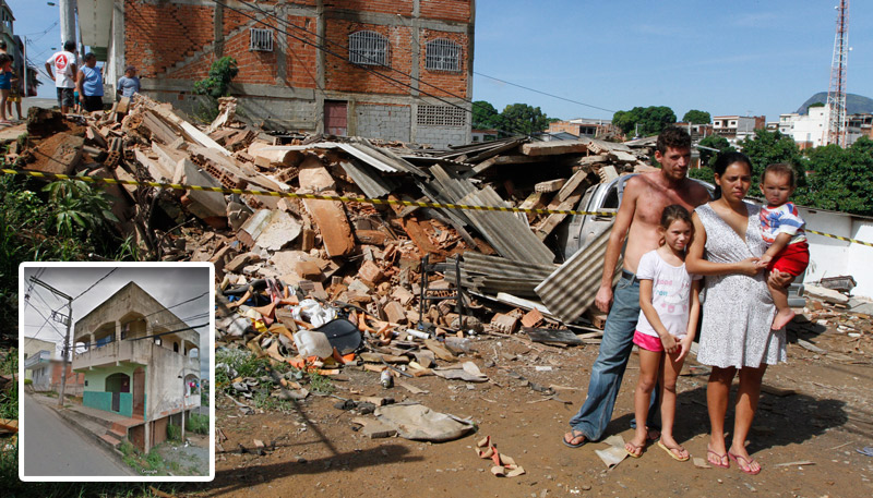 Jacson Pereira com a família à frente dos destroços e do seu carro soterrado. No destaque, foto mostra como era o prédio que desabou. Foto: Kadidja Fernandes/AT