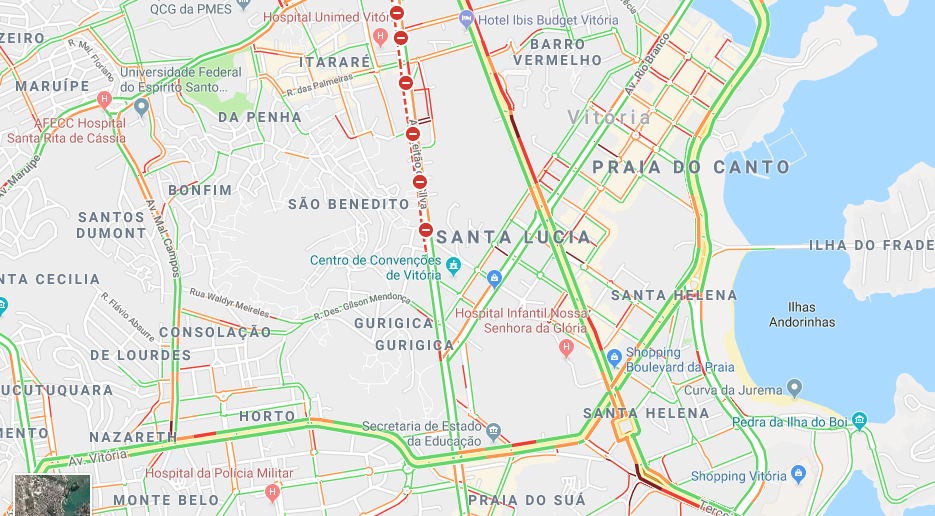Imagem feita as 19h10 desta quinta-feira(22). O trânsito na Enseada do Suá fluiu tranquilamente. Foto: Google Maps
