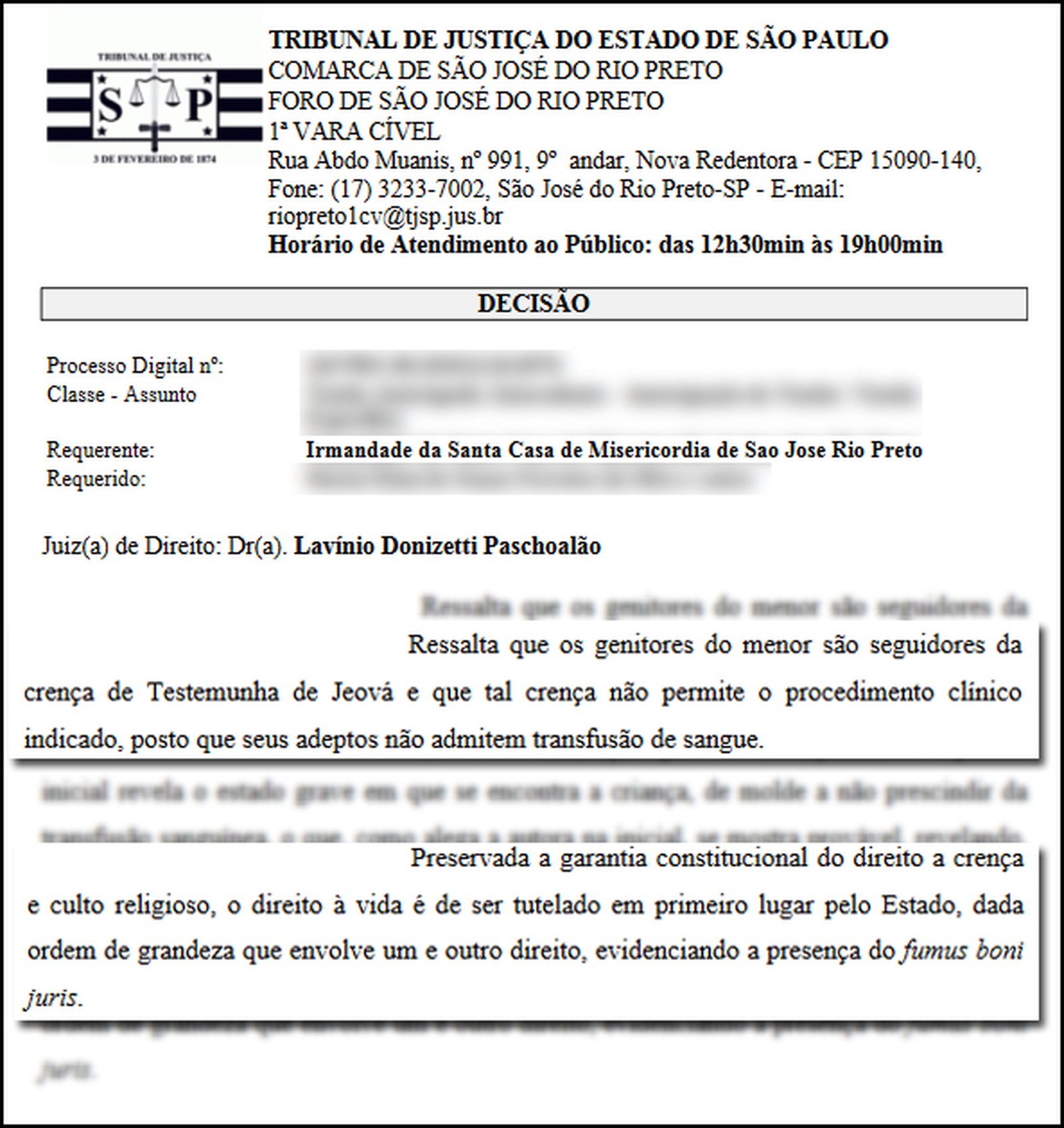 Trecho da decisão do juiz que permitiu ao hospital a fazer a transfusão de sangue. Foto: Reprodução