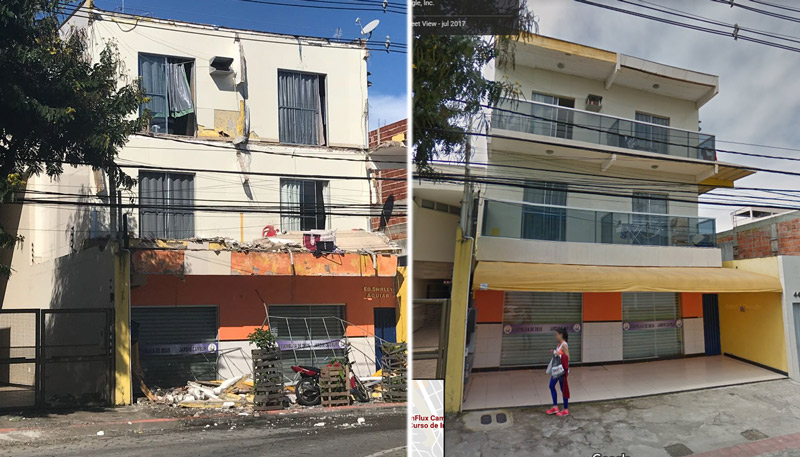Prédio que teve a varanda desabada tem igreja no primeiro andar (foto antes à direita). Fotos: WhatsApp e Google Maps