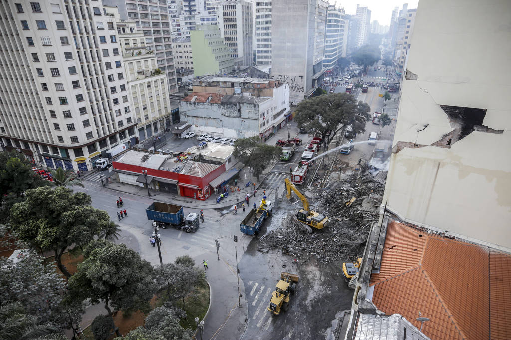 O secretário de Segurança Pública, Mágino Alves, afirmou na tarde desta quinta-feira (3) que um curto-circuito foi a causa do incêndio que levou ao desabamento do edifício Wilton Paes de Almeida. Foto: Folhapress