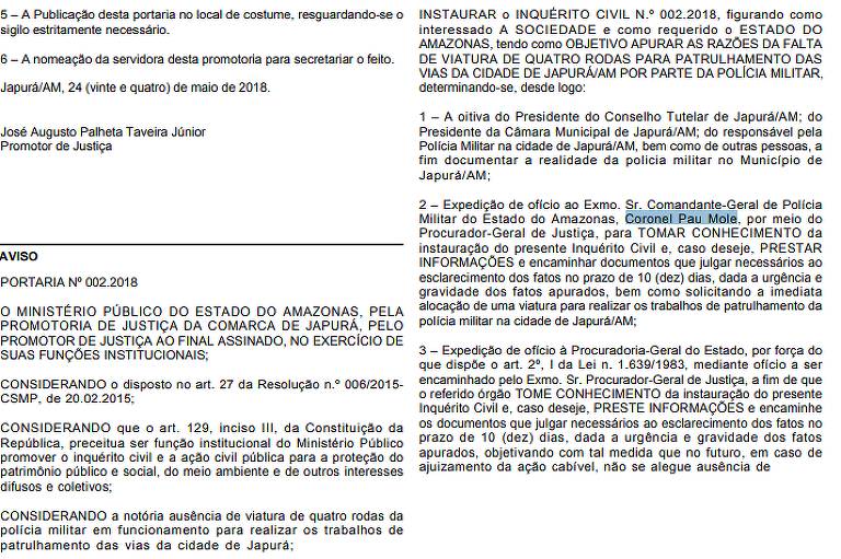 Trecho do Diário Oficial com ofensa a coronel. (Foto: Reprodução)