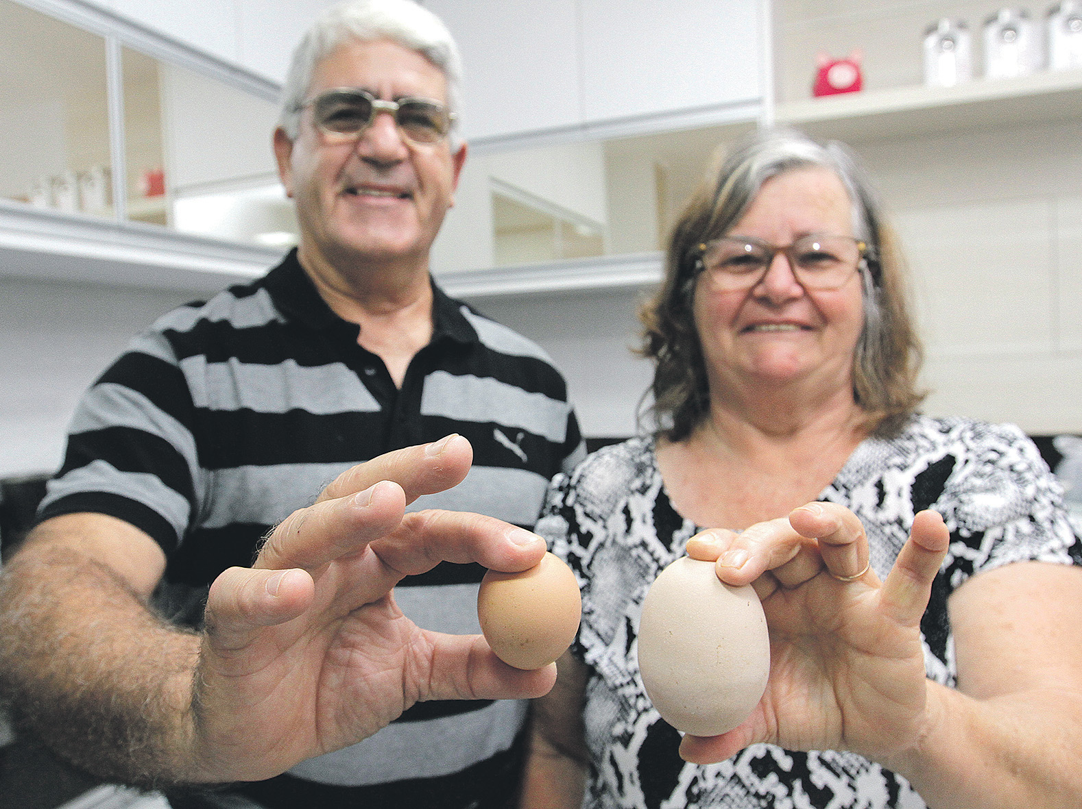 O professor Santos Duarte e a mulher Elza Altoé ficaram surpresos com a descoberta do ovo gigante. (Foto: Beto Morais)
