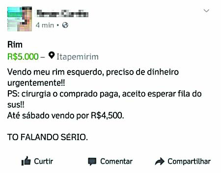 Anúncio de rim. (Foto: Reprodução internet)