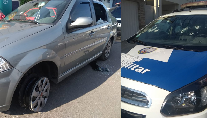 Carro onde estava os jovens e a viatura da Polícia foram baleados no confronto (Foto: Roberta Bourguignon/AT)