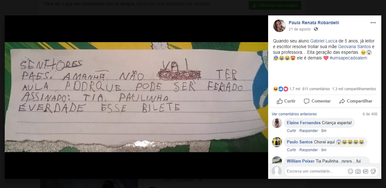 A professora achou graça do bilhete e pediu autorização da mãe do aluno para publicar nas redes sociais. (Foto: Reprodução Facebook)