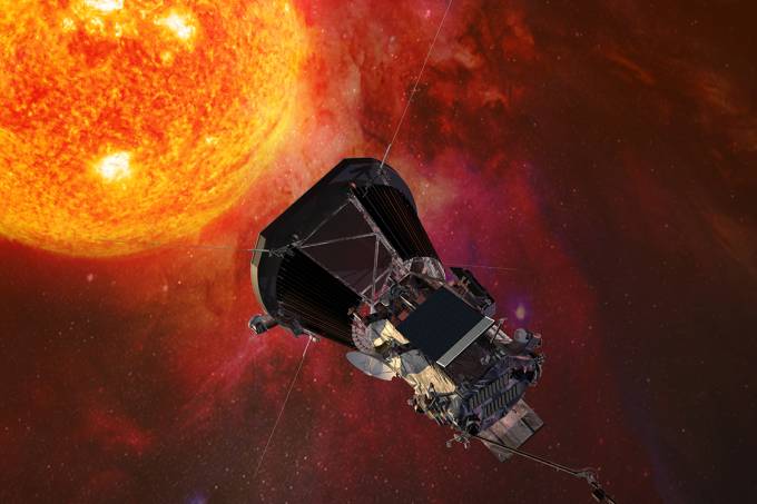 Ilustração da sonda Parker que ficará a cerca de 6 milhões de quilômetros do Sol, a maior aproximação já feita. (Imagem: Johns Hopkins University Applied/Divulgação)