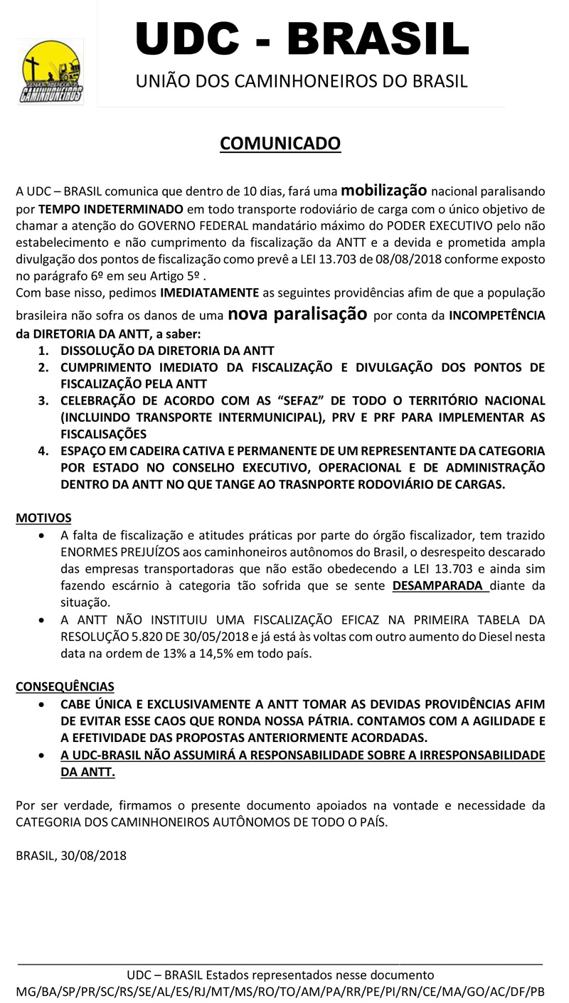 Comunicado emitido pela União dos Caminhoneiros do Brasil convoca a categoria para nova mobilização (Foto: Reprodução)