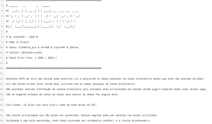 Mensagem publicada pelos hackers ainda cita o candidato da Presidência, Ciro Gomes (Foto: Reprodução)