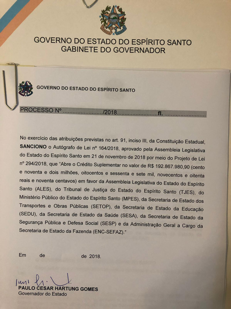 Projeto foi sancionado nesta quarta-feira, pelo governador Paulo Hartung (Foto: Divulgação / Governo do Estado)