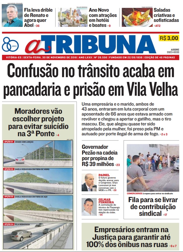 Capa Jornal A Tribuna do dia 30/11/2018 (Foto: )