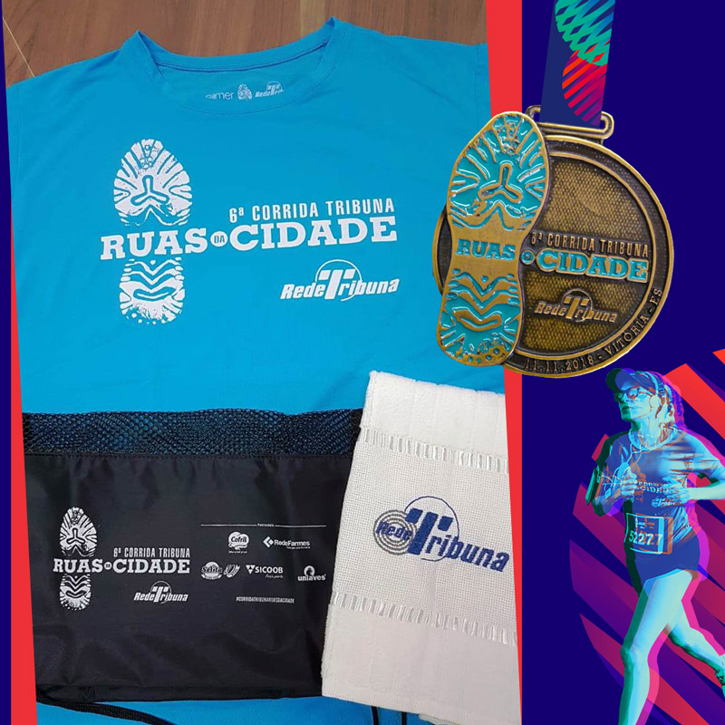 Kit da Corrida Tribuna deste ano tem camiseta temática, medalha, toalha e bolsa (Foto: Divulgação / Rede Tribuna)