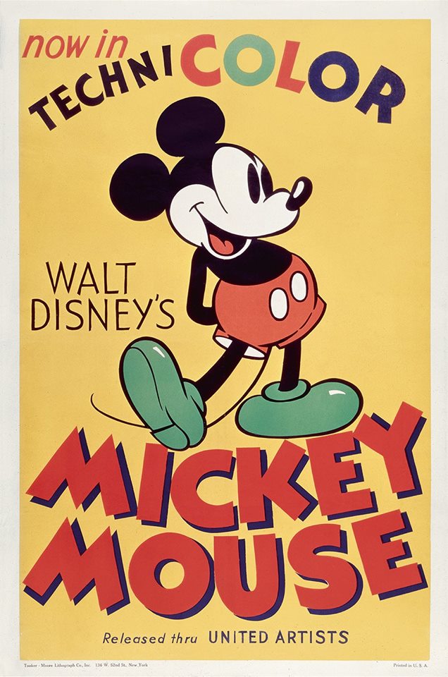 Cartaz antigo das primeiras versões de Mickey, anunciando o desenho em cores (Foto: Divulgação / Facebook - Disney)