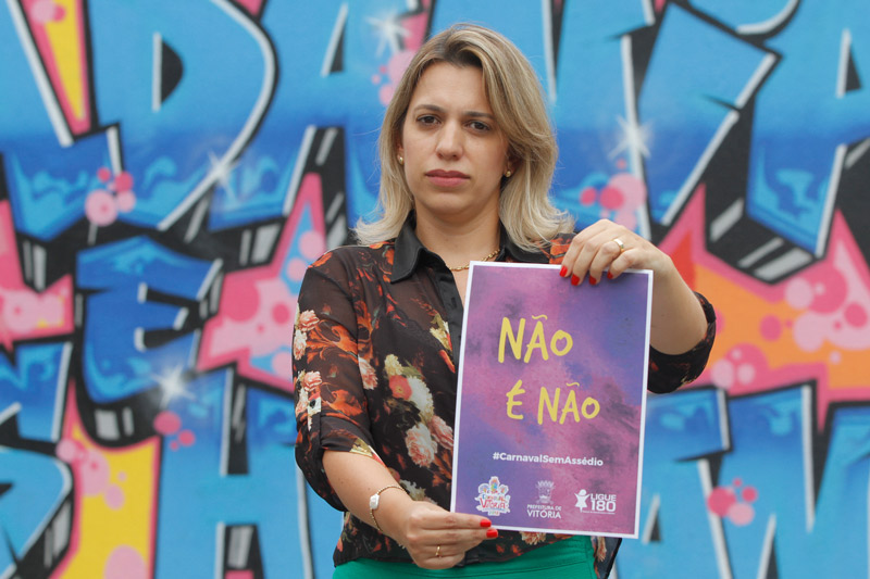 Nara Borgo, durante uma campanha contra assédio sexual no Carnaval de Vitória de 2018 (Foto: Thiago Coutinho / AT - 01/02/2018)